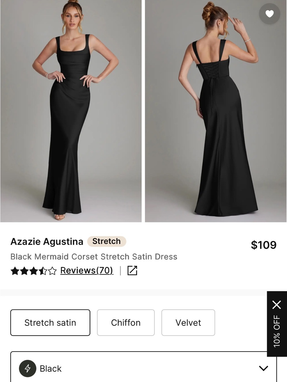 Azazie Black Stretch Satin Mermaid Gown with Corset Back